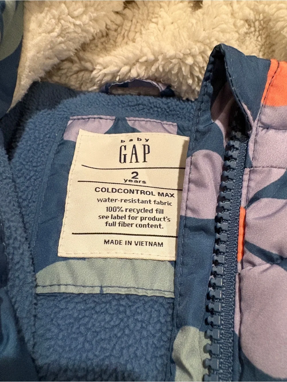 GAP Navy Floral Hooded Puffer Jacket with Cream Sherpa Lining